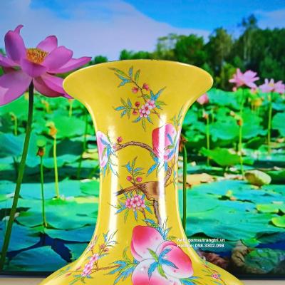 bình men vàng, bình hoạ tiết chim trĩ đào trường thọ, bình hoa trung quốc
